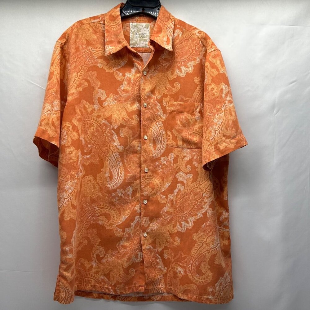 Tasso Elba Island Mens Orange Paisley Button-Down Shirt 75% Silk 25% Linen Short